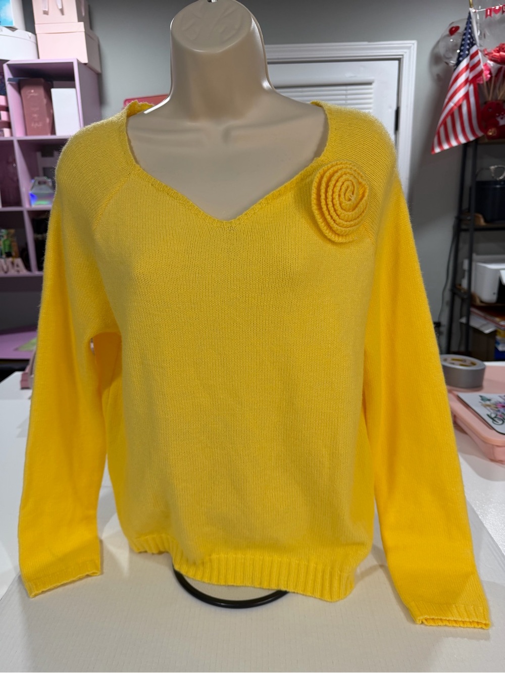 SHEIN Yellow V-Neck Knit Sweater with Rosette Accent